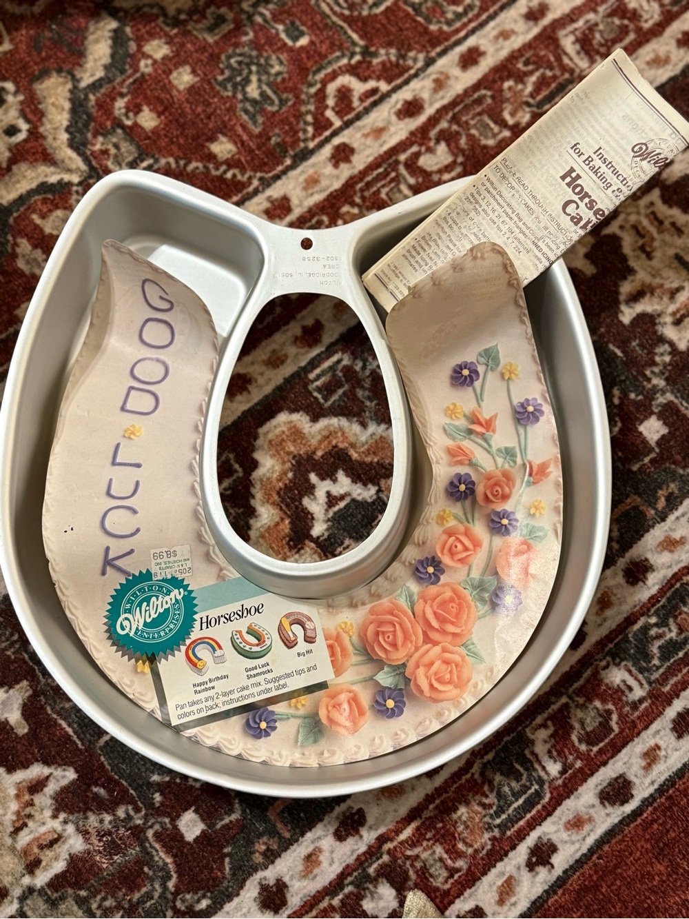 Wilton White Horseshoe Cake Pan with Painted Peach & Purple Flowers